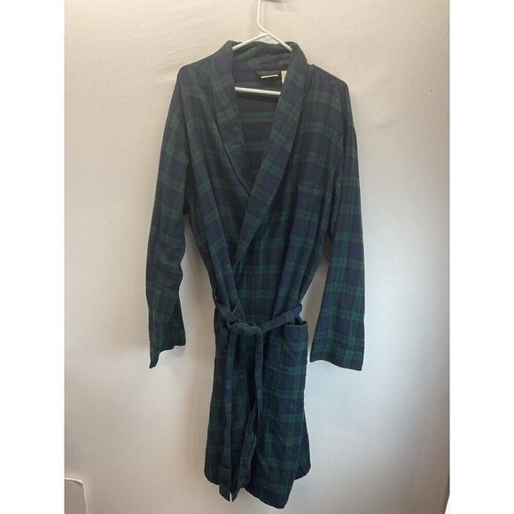 Mens‎ LL Bean Tartan Plaid Flannel Robe L Large Green Scotch Plaid Belted - Picture 1 of 9